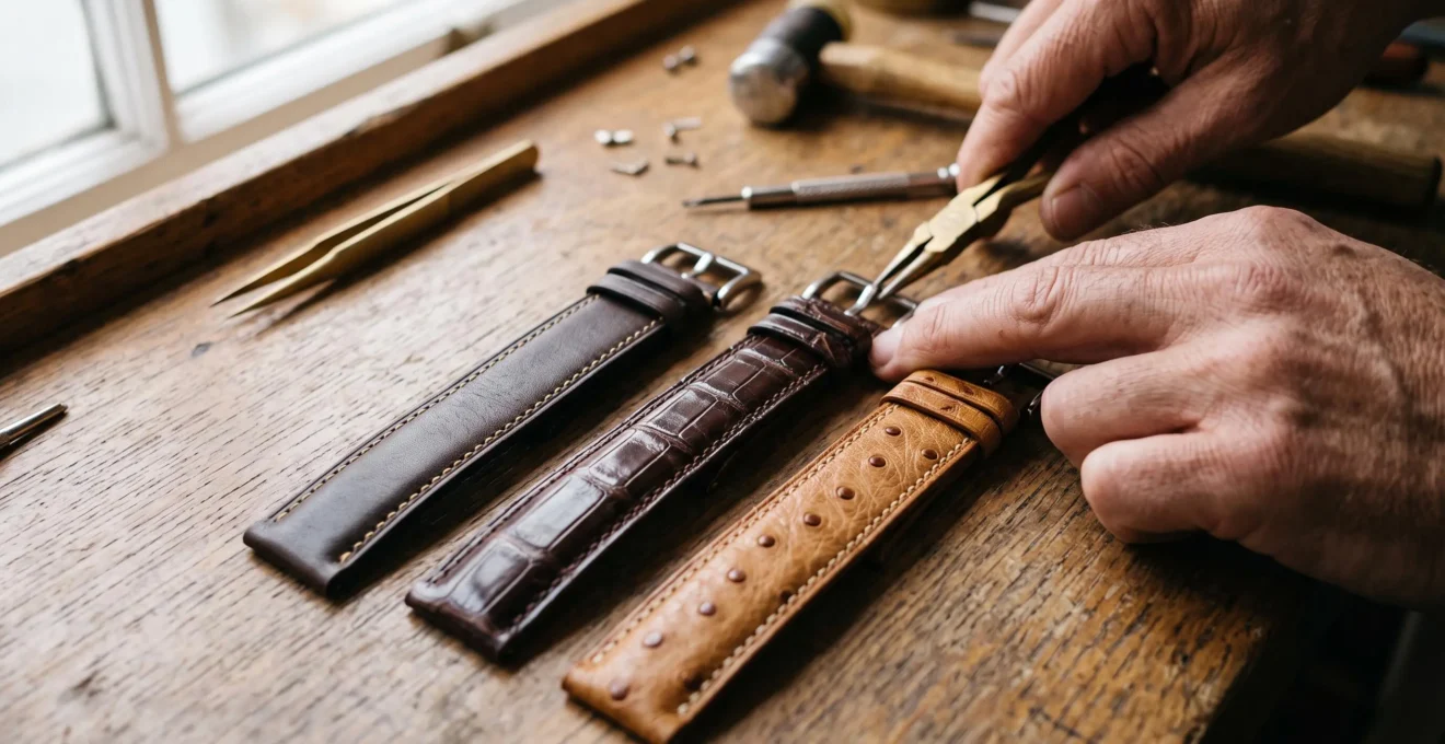 Trois bracelets de montre en cuir de vachette, alligator et autruche posés sur un établi