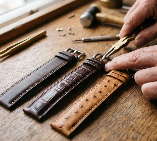 Trois bracelets de montre en cuir de vachette, alligator et autruche posés sur un établi
