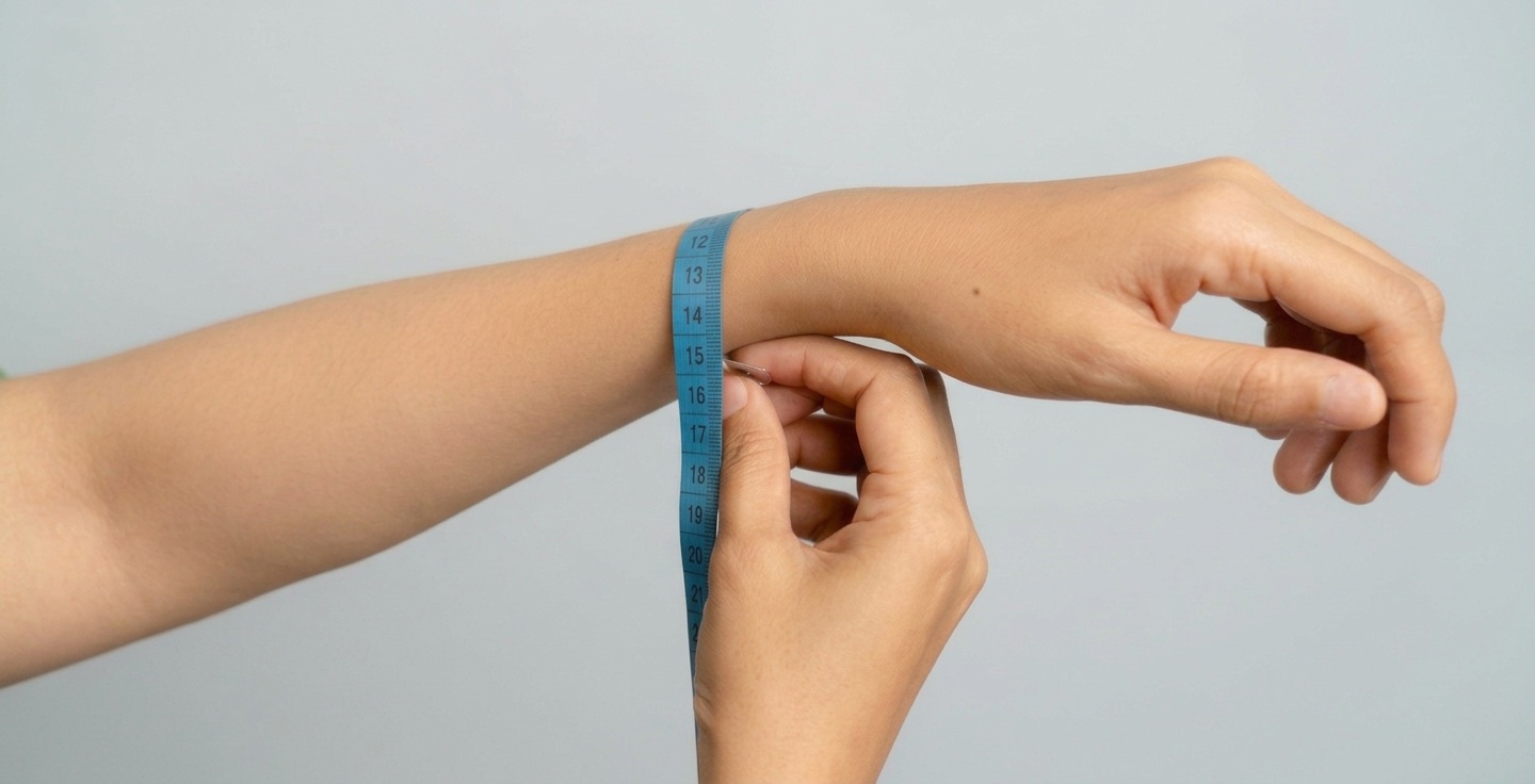 Une personne mesure son poignet avec un mètre ruban avant de choisir un bracelet