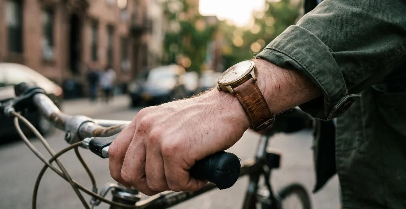 Un poignet masculin portant une montre en cuir de vachette sur un guidon de vélo